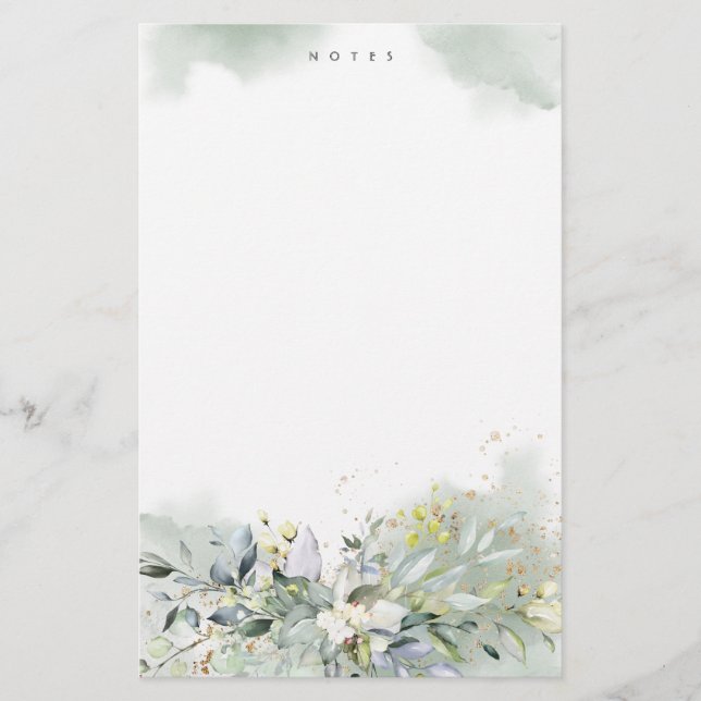 Dusty Blue Greenery Foliage Leaves Personalized Stationery (Front)