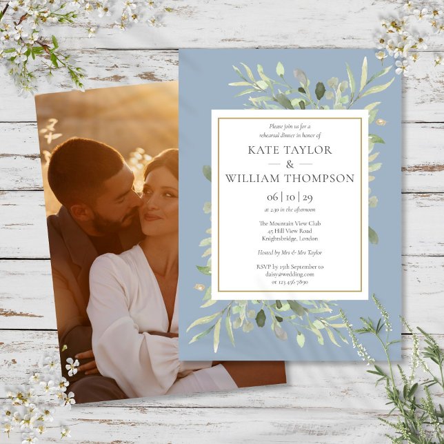 Dusty Blue Greenery Foliage Photo Rehearsal Dinner Invitation (Dusty Blue Greenery Foliage Photo Rehearsal Dinner Invitation)