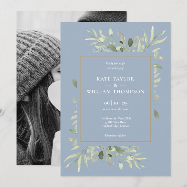 Dusty Blue Greenery Foliage Photo Wedding Invitation (Front/Back)