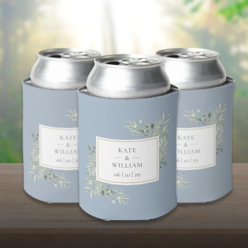 Dusty Blue Greenery Foliage Wedding Can Cooler