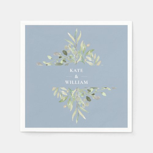 Dusty Blue Greenery Foliage Wedding Napkins