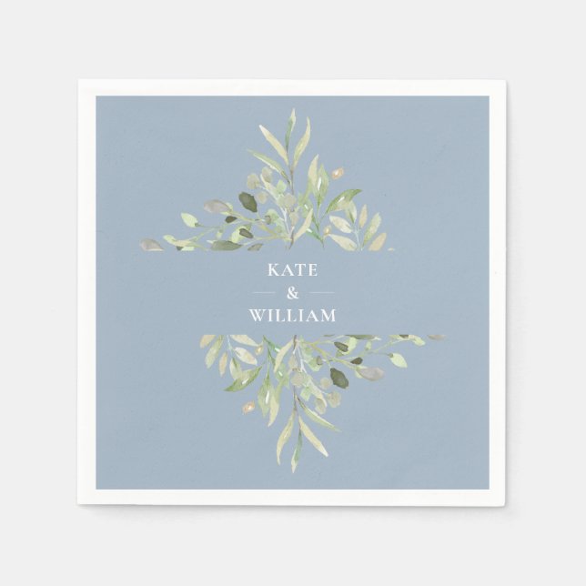 Dusty Blue Greenery Foliage Wedding Napkins (Front)