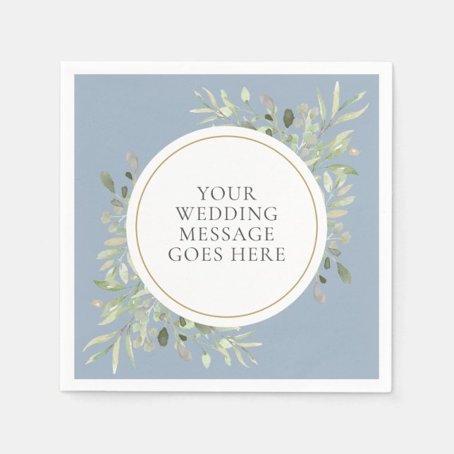 Dusty Blue Greenery Foliage Wedding Napkins (Front)