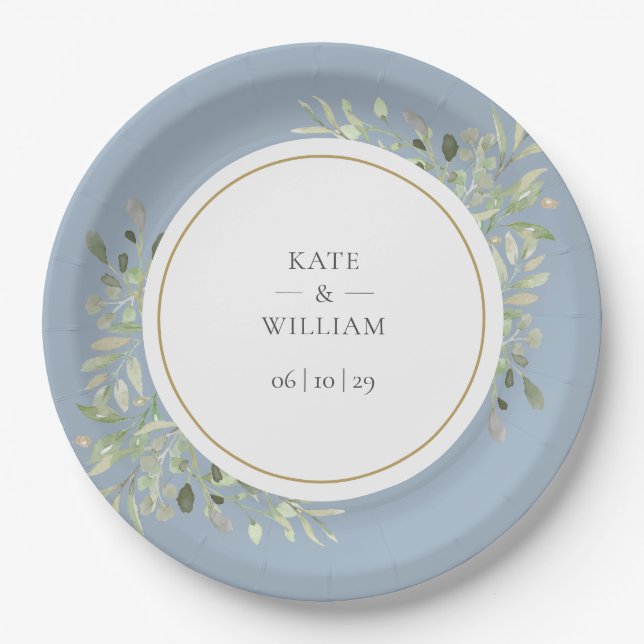 Dusty Blue Greenery Foliage Wedding Paper Plates (Front)