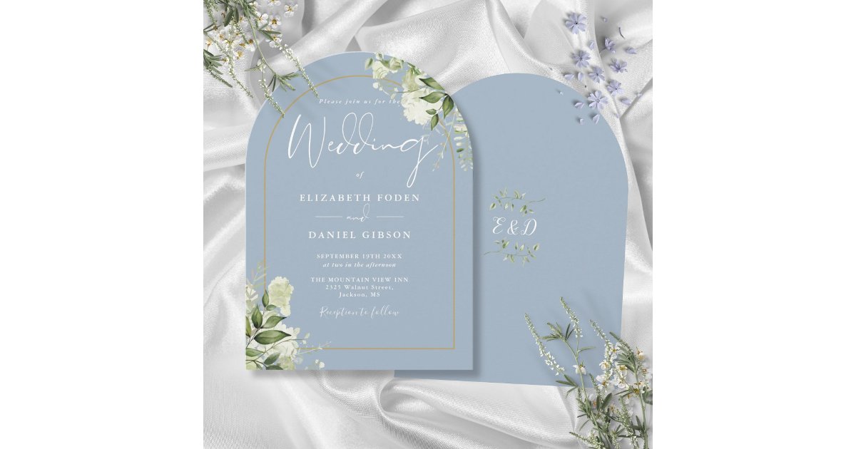 Dusty Blue Greenery Gold Arch Monogram Wedding Invitation | Zazzle