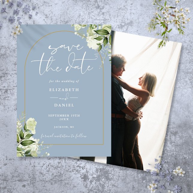 Dusty Blue Greenery Gold Arch Photo Wedding Save The Date (Dusty Blue Greenery Gold Arch Photo Wedding Save The Date)