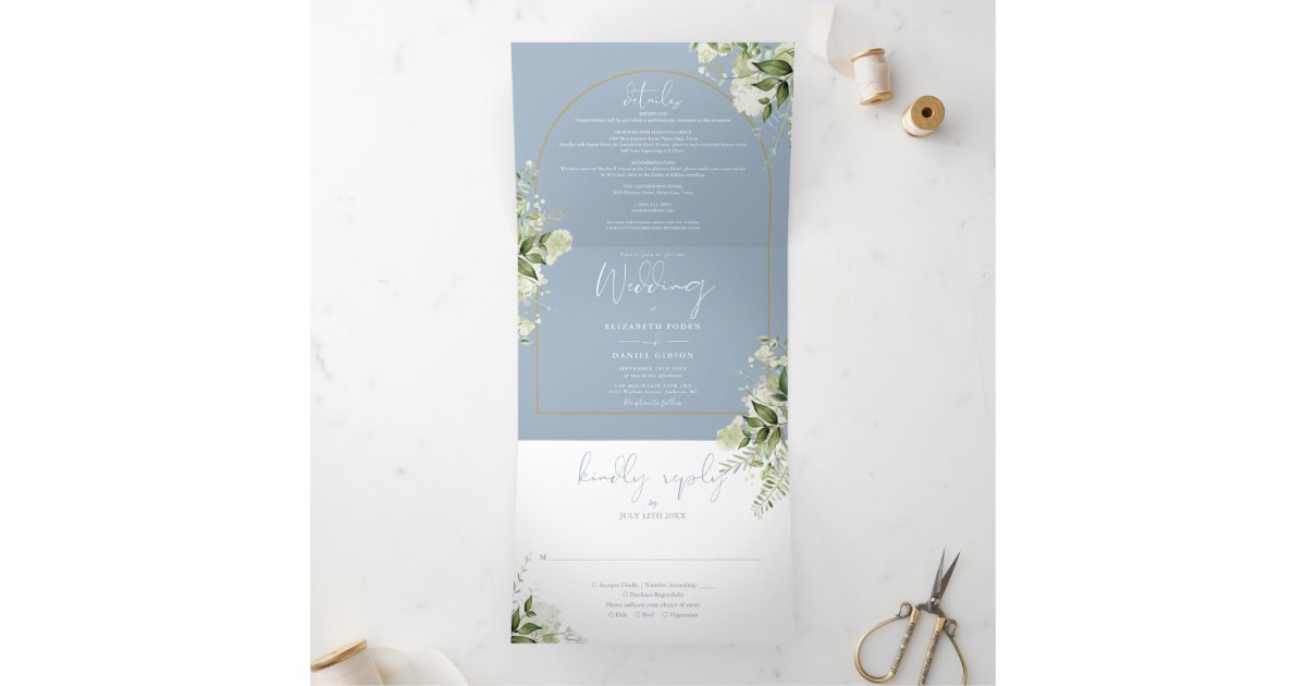 Dusty Blue Greenery Gold Arch Photo Wedding Tri-Fold Invitation | Zazzle