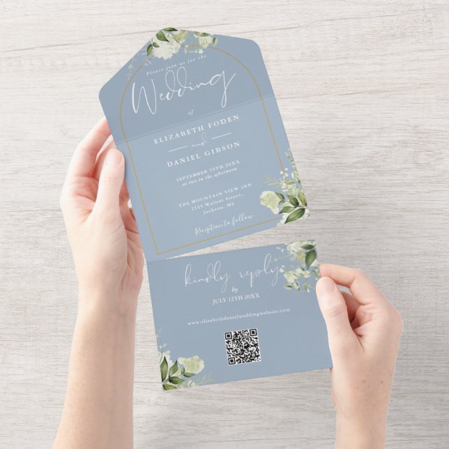 Dusty Blue Greenery Gold Arch QR Code Wedding All In One Invitation (Tearaway)