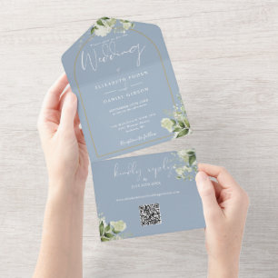 Dusty Blue Greenery Gold Arch QR Code Wedding All In One Invitation