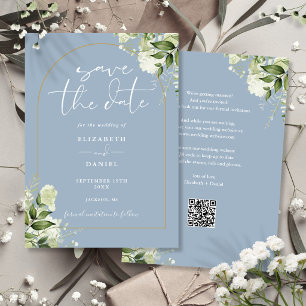 Dusty Blue Greenery Gold Arch QR Code Wedding Save The Date