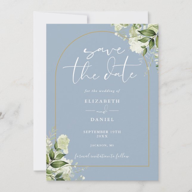 Dusty Blue Greenery Gold Arch QR Code Wedding Save The Date (Front)