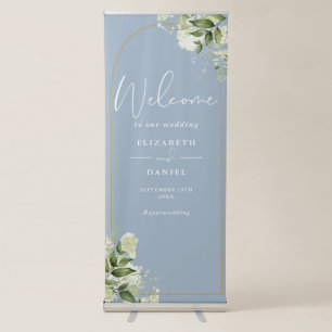 Dusty Blue Greenery Gold Arch Wedding Welcome Retractable Banner