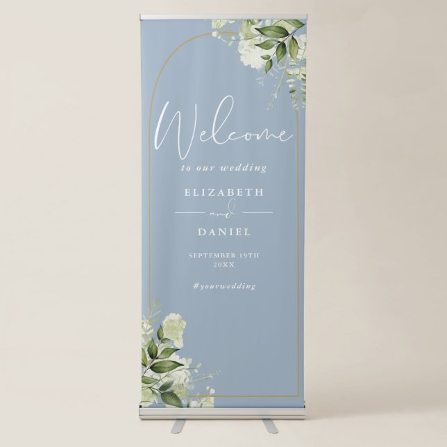Dusty Blue Greenery Gold Arch Wedding Welcome Retractable Banner (Front)
