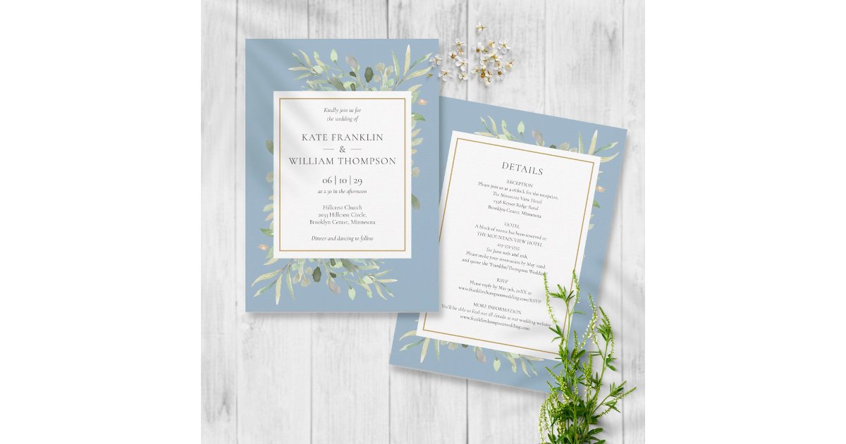 Dusty Blue Greenery Gold Frame All In One Wedding Invitation | Zazzle