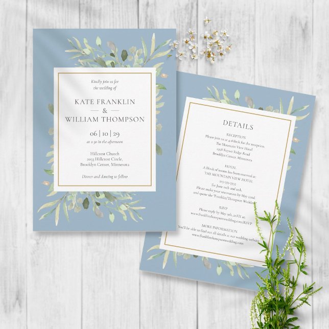 Dusty Blue Greenery Gold Frame All In One Wedding Invitation (Creator Uploaded)