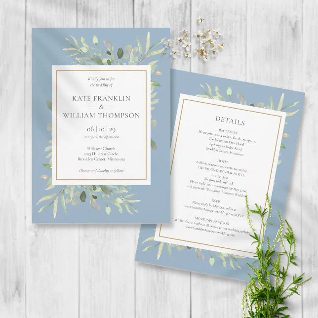 Dusty Blue Greenery Gold Frame All In One Wedding Invitation | Zazzle