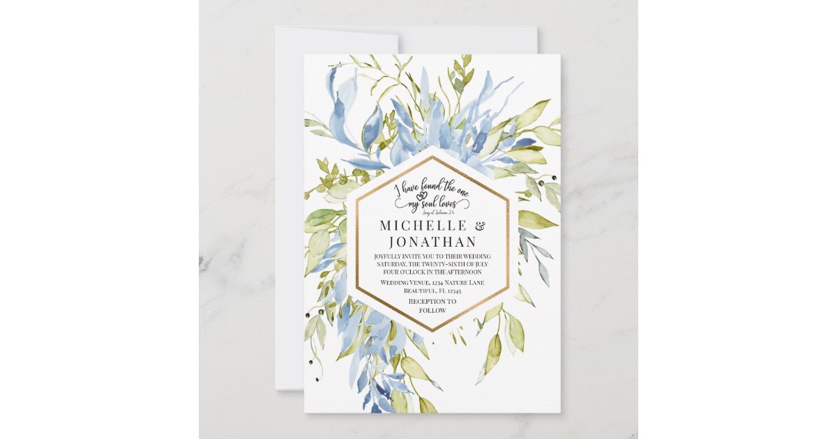 Dusty Blue Greenery Gold Frame Christian Wedding Invitation | Zazzle