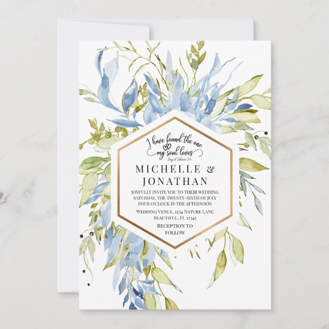 Dusty Blue Greenery Gold Frame Christian Wedding Invitation (Front)