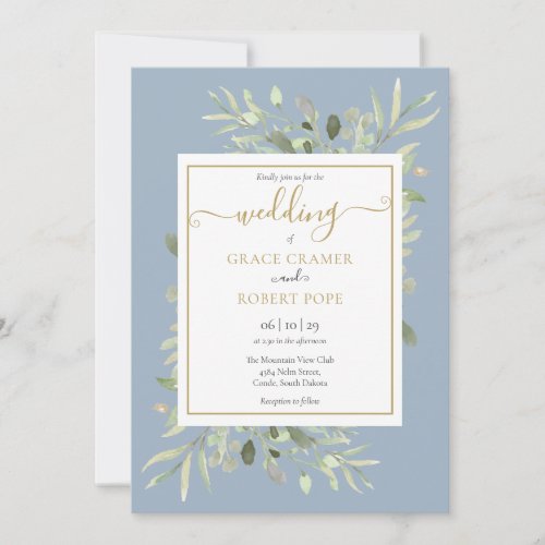 Dusty Blue Greenery Gold Geometric Script Wedding Invitation