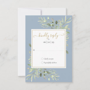 Dusty Blue Greenery Gold Geometric Script Wedding RSVP Card