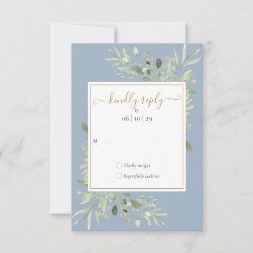 Dusty Blue Greenery Gold Geometric Script Wedding RSVP Card