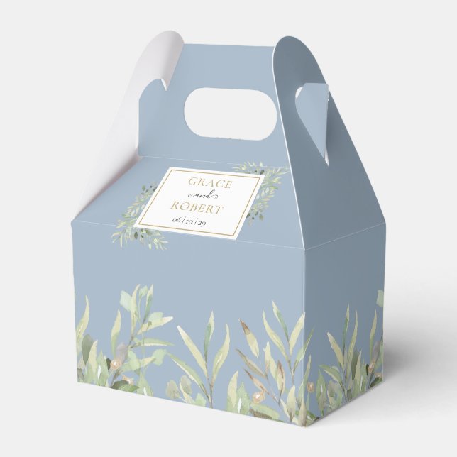 Dusty Blue Greenery Gold Geometric Wedding Favor Boxes (Front Side)