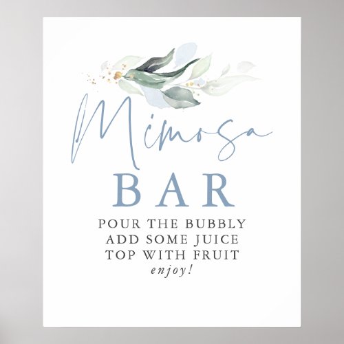 Dusty Blue Greenery Gold Leaves Mimosa Bar Sign