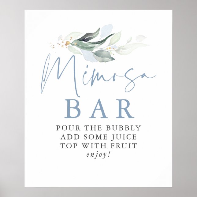 Dusty Blue Greenery Gold Leaves Mimosa Bar Sign (Front)