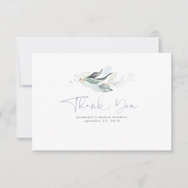 Dusty Blue Greenery Gold Leaves Small Thank You Card (Front)