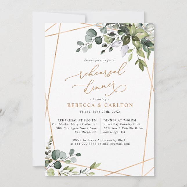 Dusty Blue Greenery Gold Rehearsal Dinner Invitation (Front)