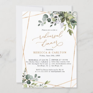 Dusty Blue Greenery Gold Rehearsal Dinner Invitation