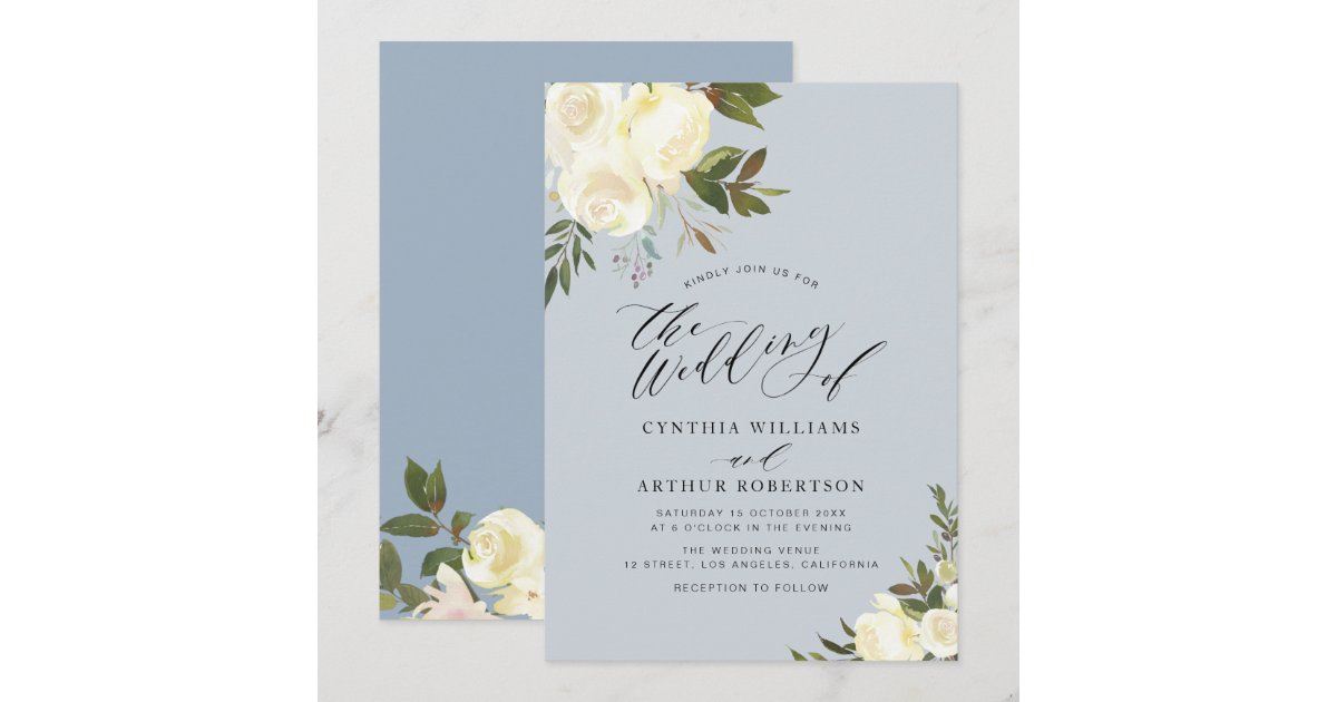 Dusty blue greenery ivory floral wedding invitation | Zazzle