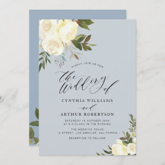 Dusty blue greenery ivory floral wedding invitation