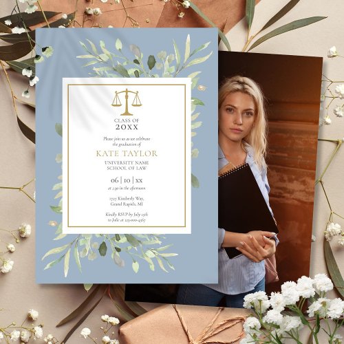 Dusty Blue Greenery Law School Graduation Photo Invitation