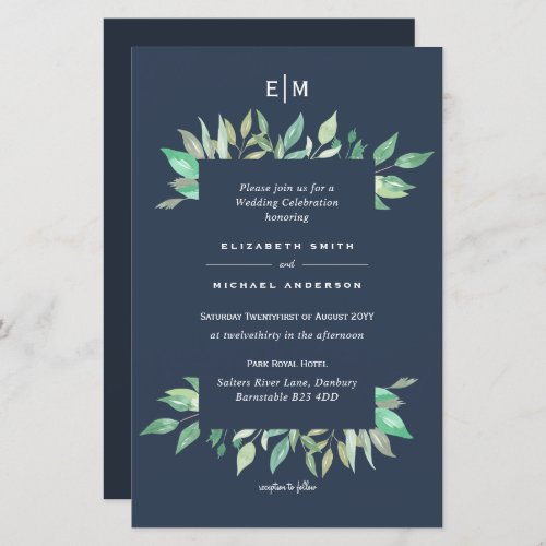 Dusty Blue Greenery Leafy Budget Wedding Invite A9