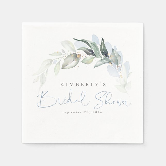 Dusty Blue Greenery Leaves Elegant Bridal Shower Napkins (Front)
