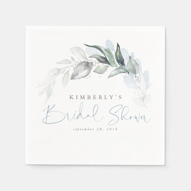 Dusty Blue Greenery Leaves Elegant Bridal Shower Napkins (Front)