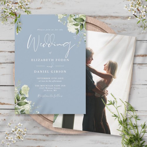 Dusty Blue Greenery Leaves Elegant Photo Wedding Invitation