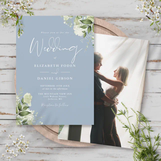 Dusty Blue Greenery Leaves Elegant Photo Wedding Invitation | Zazzle