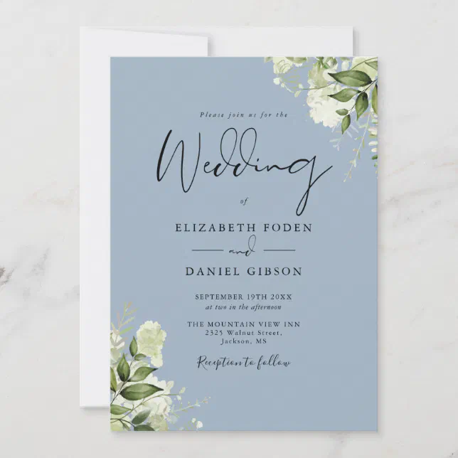 Dusty Blue Greenery Leaves Modern Monogram Wedding Invitation | Zazzle