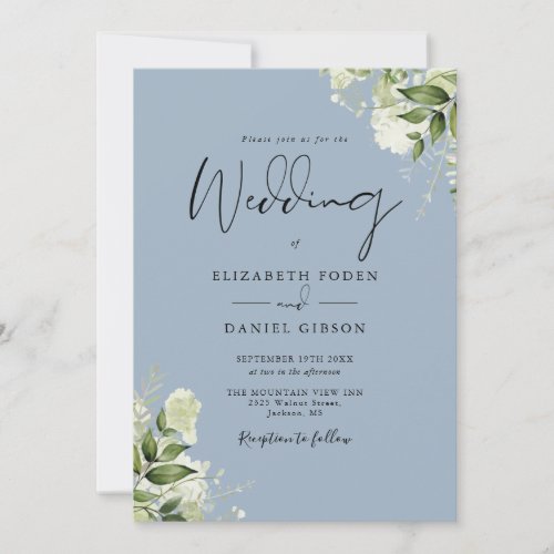 Dusty Blue Greenery Leaves Modern Monogram Wedding Invitation
