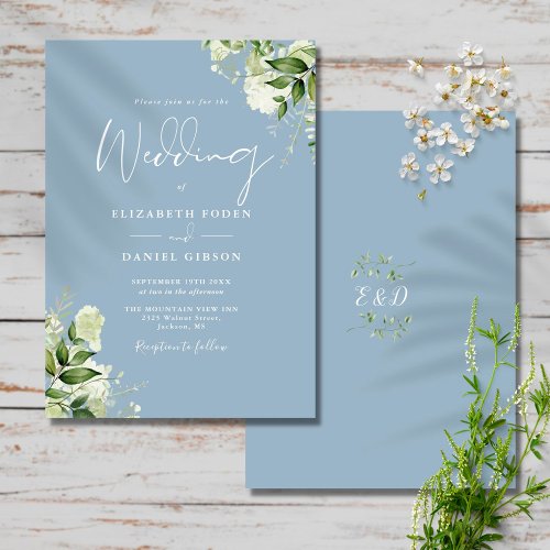 Dusty Blue Greenery Leaves Monogram Wedding Invitation