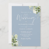 Dusty Blue Greenery Leaves Monogram Wedding Invitation (Front)