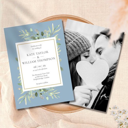 Dusty Blue Greenery Leaves Photo Wedding Invitation