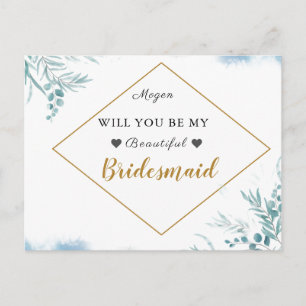 Dusty Blue Greenery Leaves Wedding Bridesmaid  Invitation Postcard