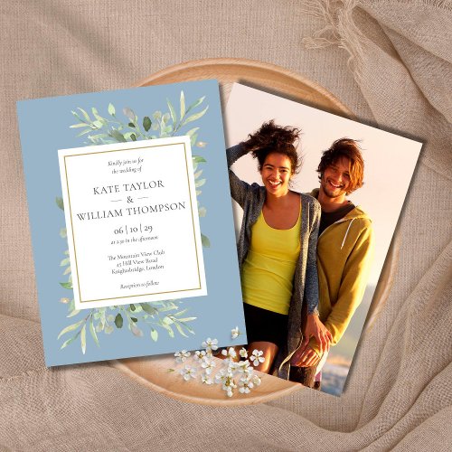Dusty Blue Greenery Leaves Wedding Photo Invitation Postcard