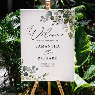 Dusty Blue Greenery Leaves Wedding Welcome Sign