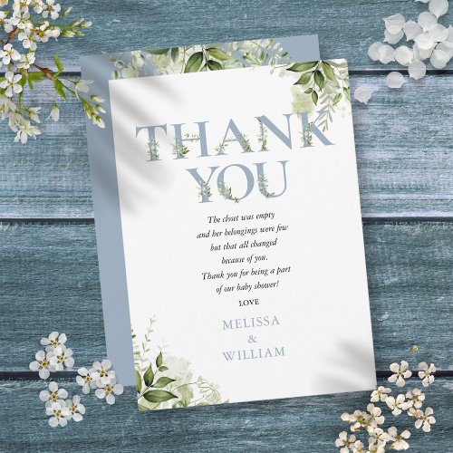 Dusty Blue Greenery Letter Baby Shower Poem Thank You Card
