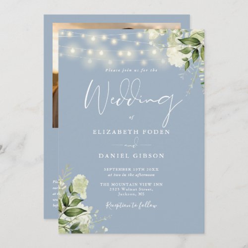 Dusty Blue Greenery Lights QR Code Photo Wedding Invitation