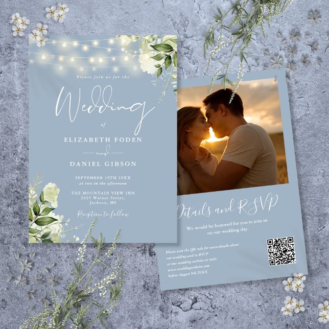 Dusty Blue Greenery Lights QR Code Photo Wedding Invitation (Dusty Blue Greenery Lights QR Code Photo Wedding Invitation)